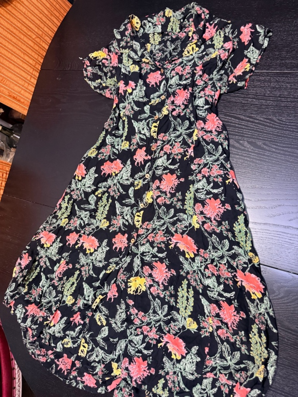 VTG 90s Black Floral Midi Dress with Pink & Yellow Blooms